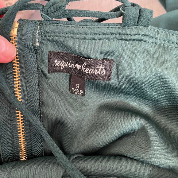 Sequin Hearts Green Scuba Strappy Asymmetric Mini Sheath Dress Junior 9 NWT - Picture 4 of 15